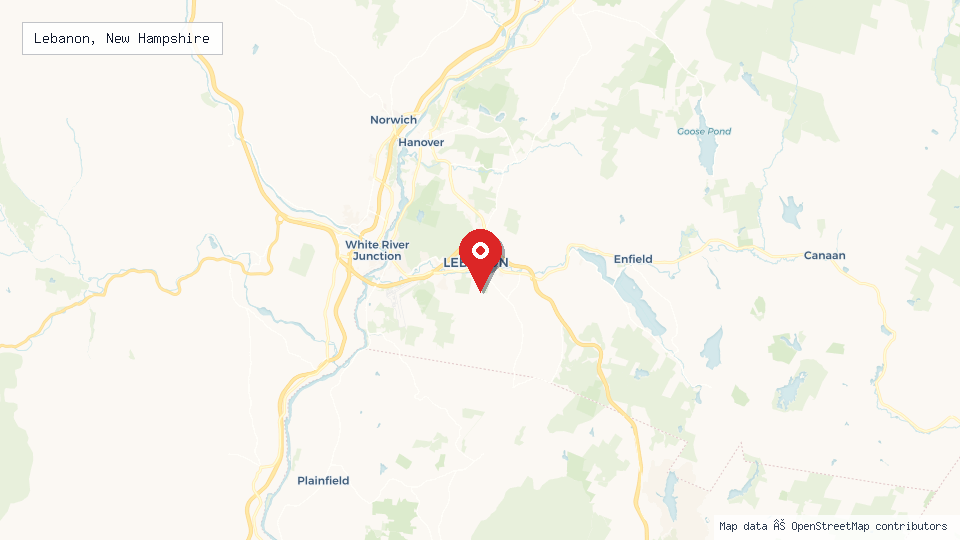 Street map of Lebanon, New Hampshire with location pin