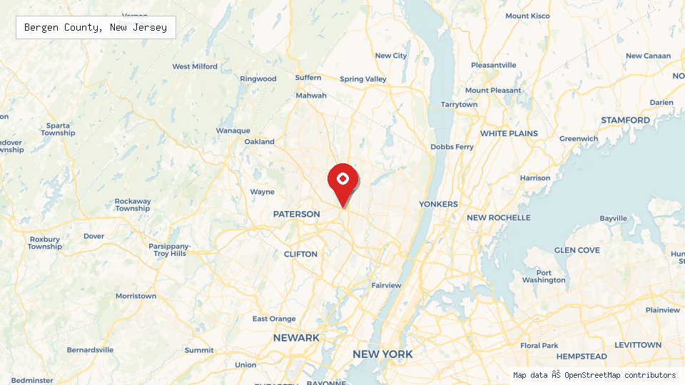 Street map of Bergen County, New Jersey with location pin