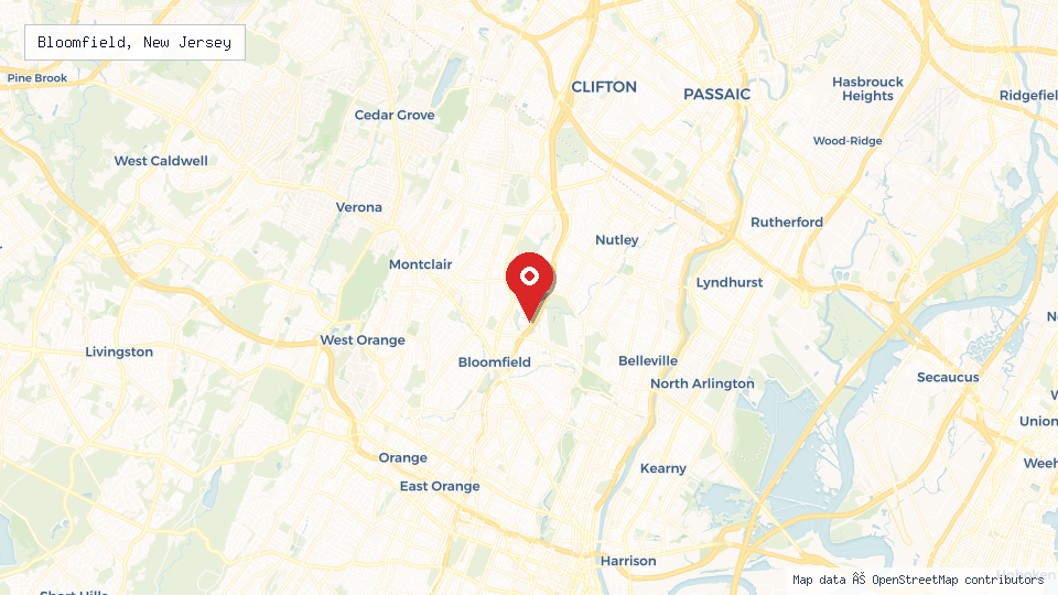 Street map of Bloomfield, New Jersey with location pin