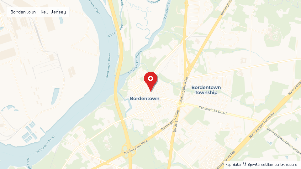 Street map of Bordentown, New Jersey with location pin