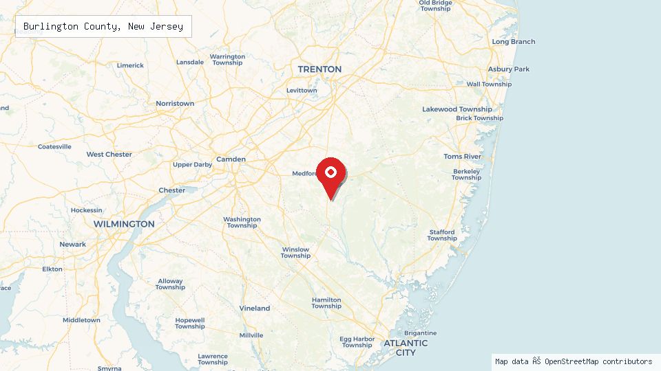 Street map of Burlington County, New Jersey with location pin