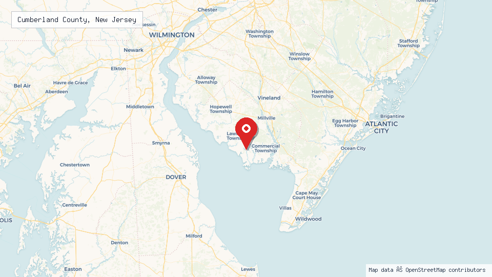 Street map of Cumberland County, New Jersey with location pin