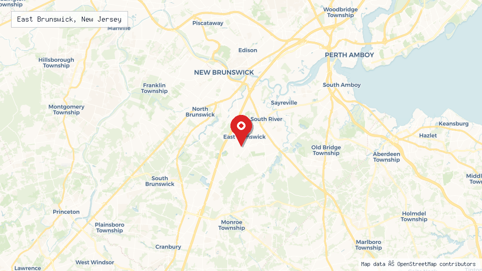 Street map of East Brunswick, New Jersey with location pin