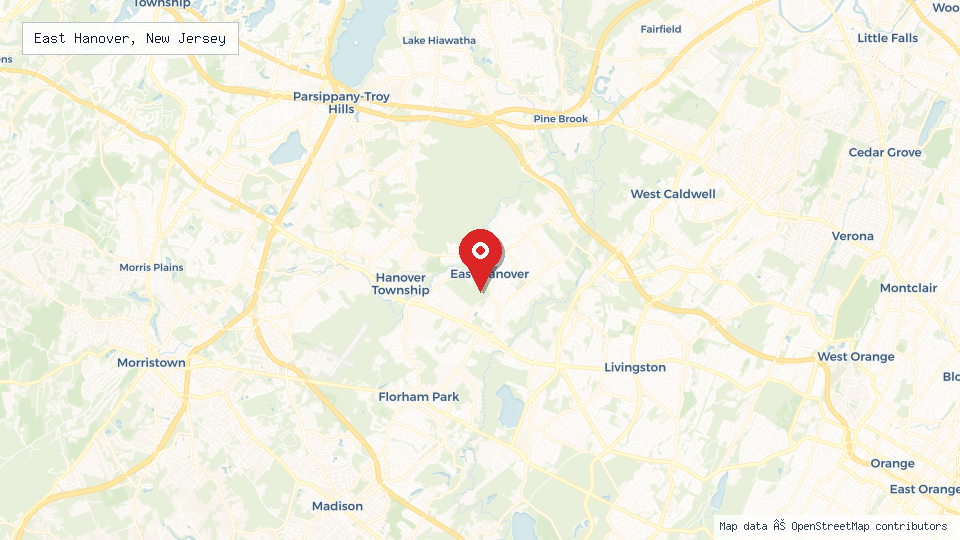 Street map of East Hanover, New Jersey with location pin