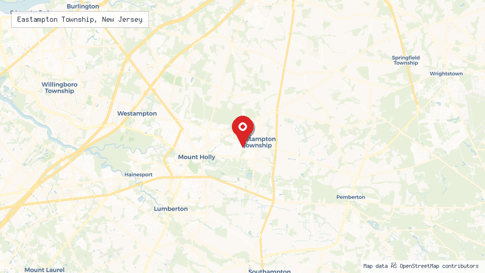 Street map of Eastampton Township, New Jersey with location pin