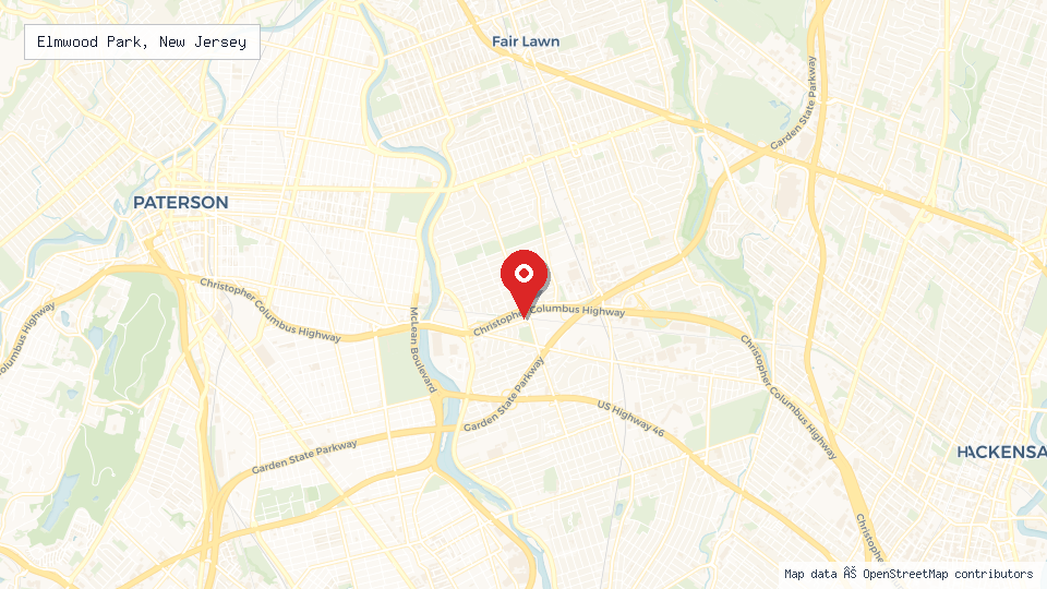 Street map of Elmwood Park, New Jersey with location pin