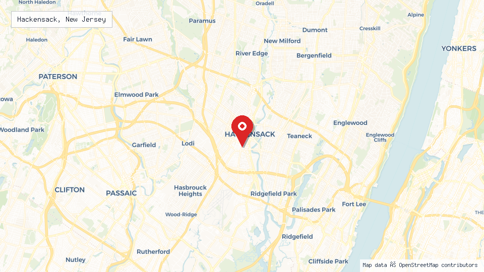 Street map of Hackensack, New Jersey with location pin