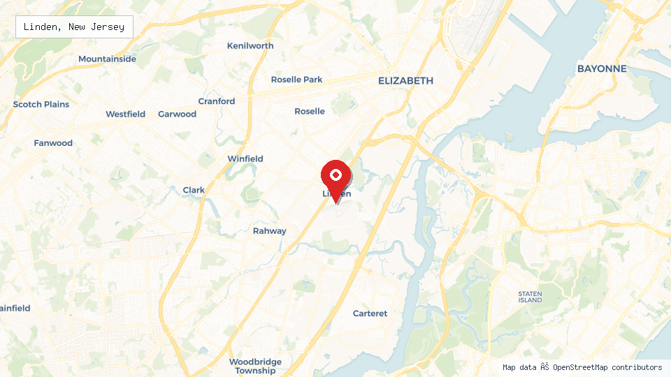 Street map of Linden, New Jersey with location pin