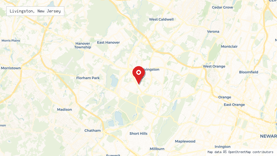 Street map of Livingston, New Jersey with location pin