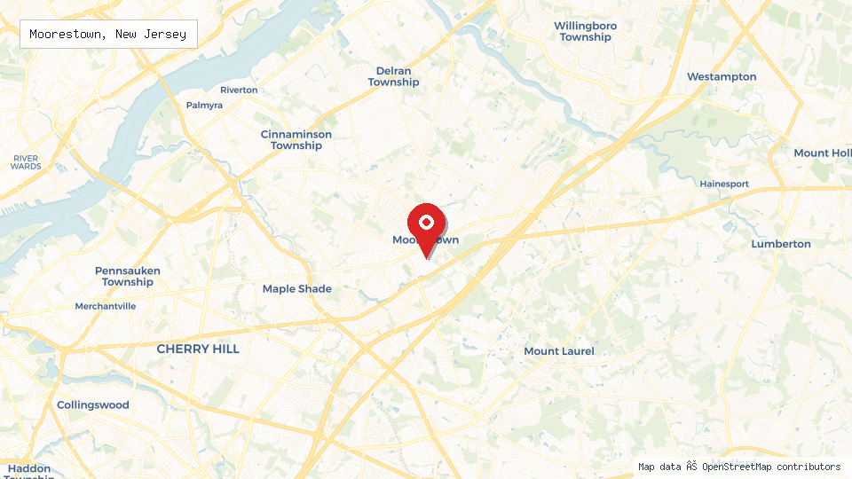 Street map of Moorestown, New Jersey with location pin