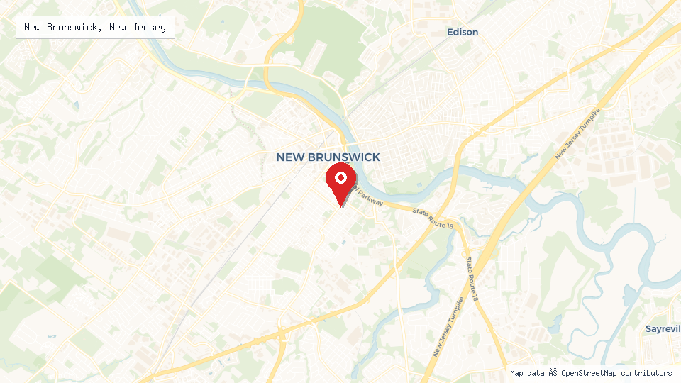 Street map of New Brunswick, New Jersey with location pin