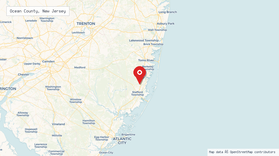 Street map of Ocean County, New Jersey with location pin