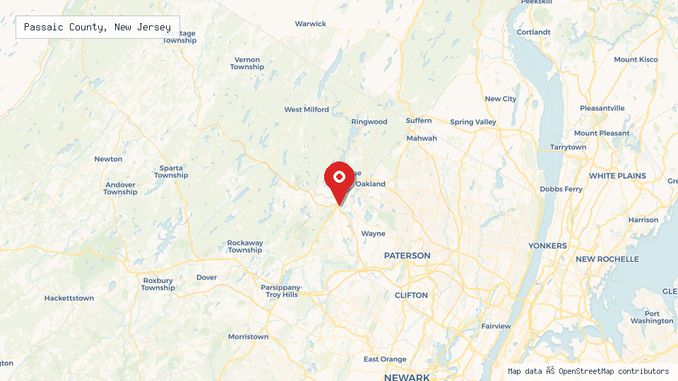 Street map of Passaic County, New Jersey with location pin