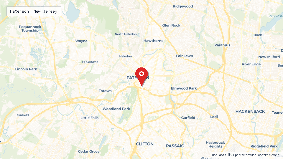 Street map of Paterson, New Jersey with location pin