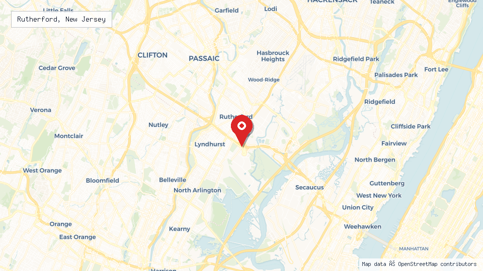 Street map of Rutherford, New Jersey with location pin