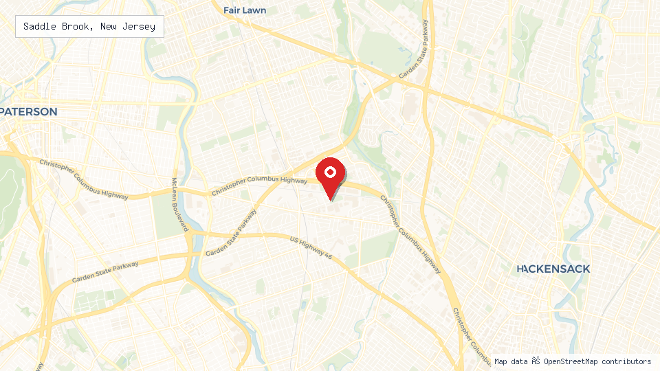 Street map of Saddle Brook, New Jersey with location pin