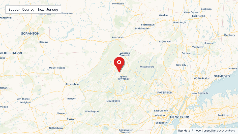 Street map of Sussex County, New Jersey with location pin