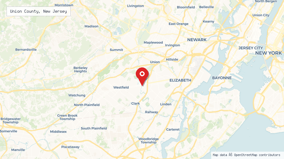Street map of Union County, New Jersey with location pin