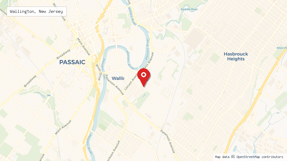 Street map of Wallington, New Jersey with location pin