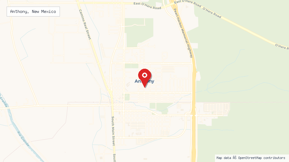 Street map of Anthony, New Mexico with location pin