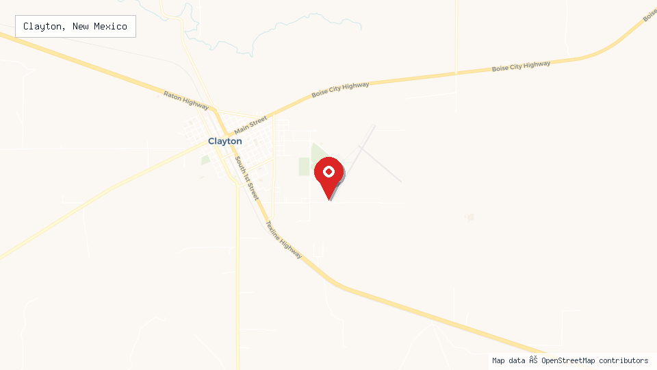 Street map of Clayton, New Mexico with location pin