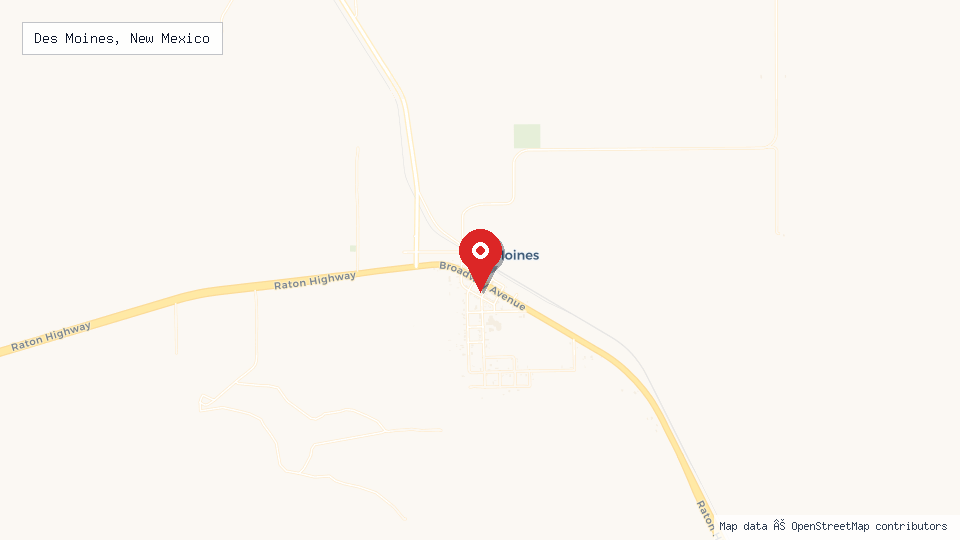 Street map of Des Moines, New Mexico with location pin