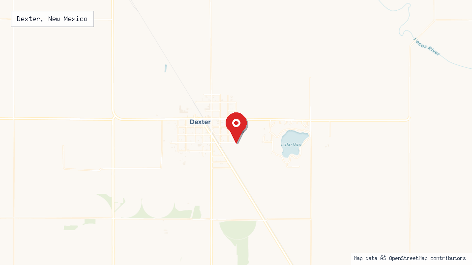 Street map of Dexter, New Mexico with location pin