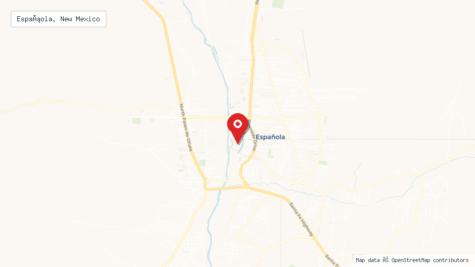 Street map of Española, New Mexico with location pin