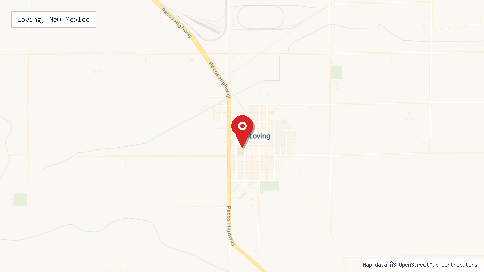Street map of Loving, New Mexico with location pin