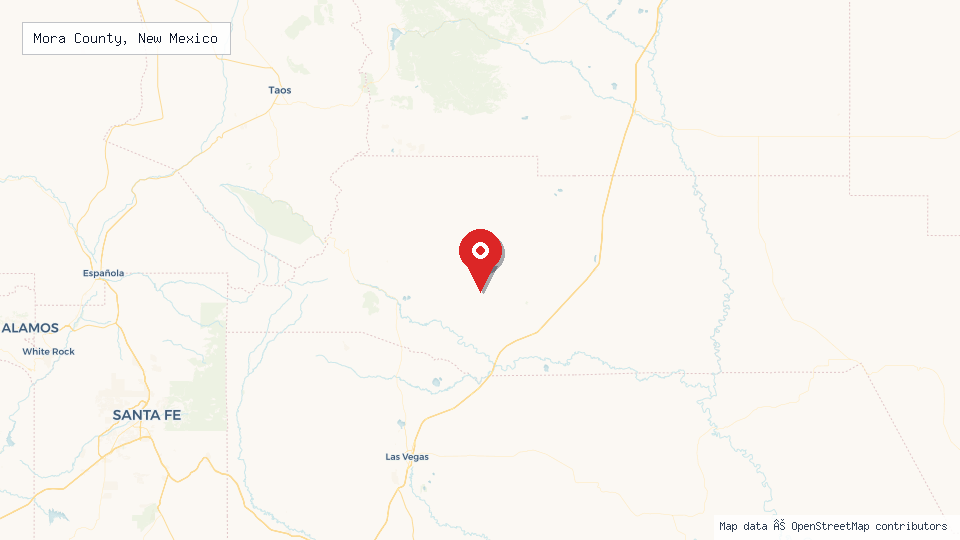 Street map of Mora County, New Mexico with location pin