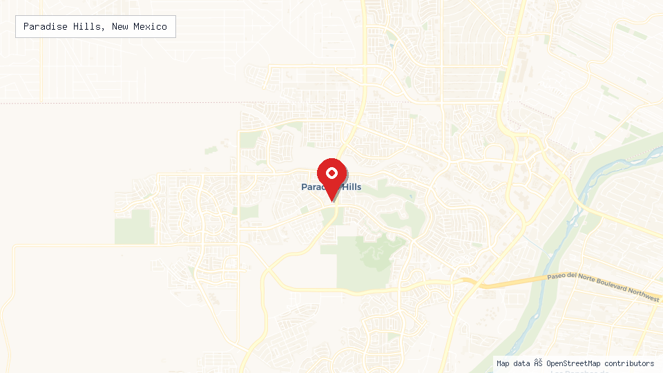 Street map of Paradise Hills, New Mexico with location pin