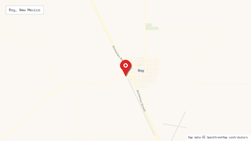 Street map of Roy, New Mexico with location pin