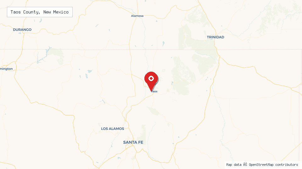 Street map of Taos County, New Mexico with location pin