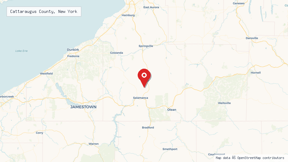 Street map of Cattaraugus County, New York with location pin