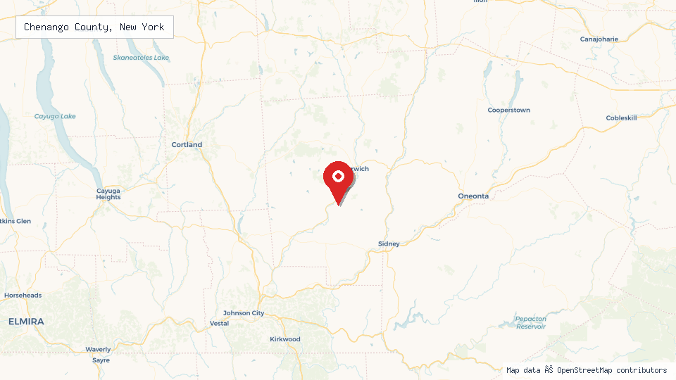 Street map of Chenango County, New York with location pin