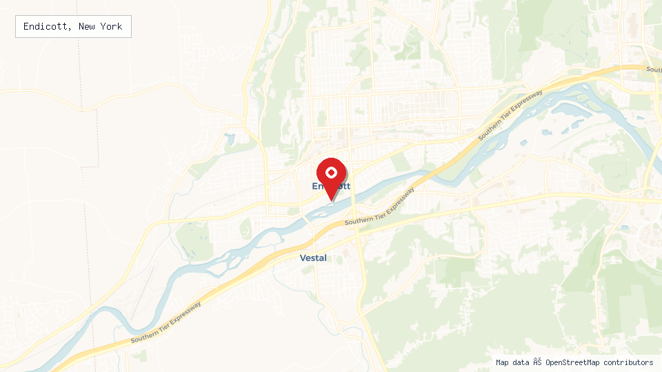 Street map of Endicott, New York with location pin