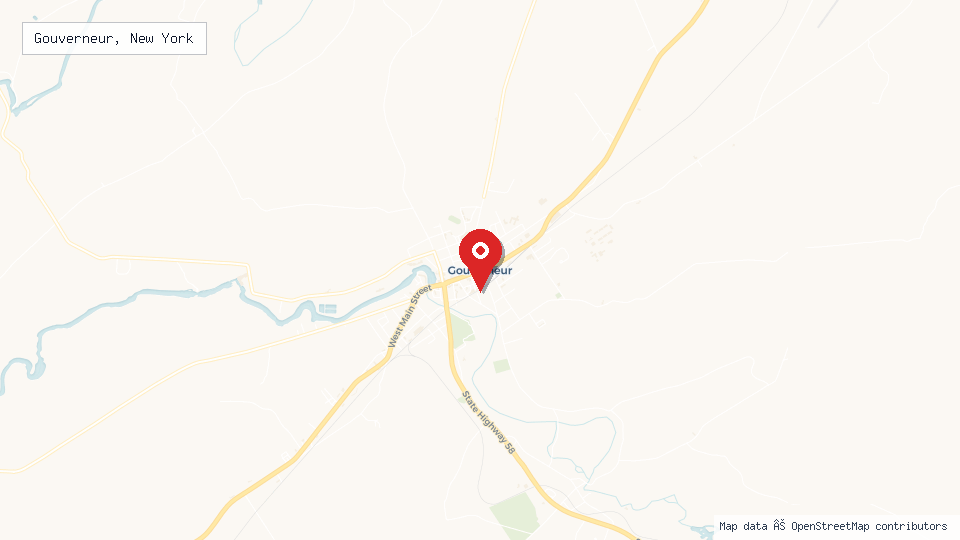 Street map of Gouverneur, New York with location pin