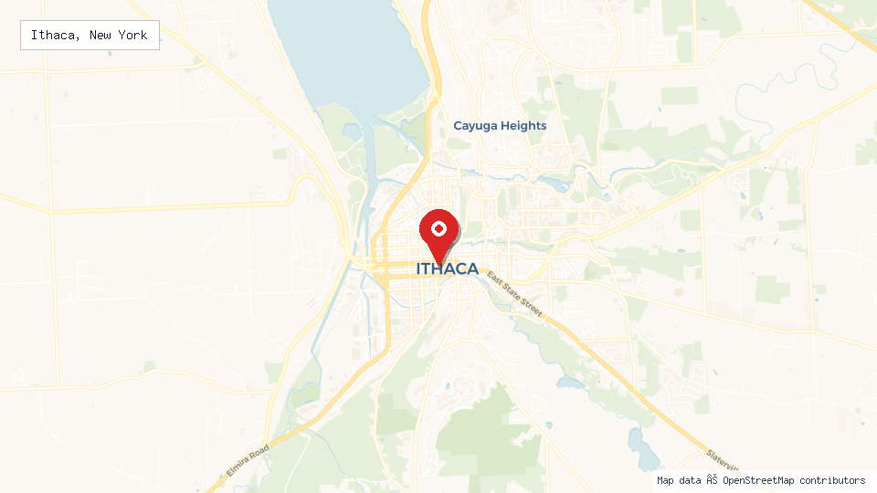 Street map of Ithaca, New York with location pin