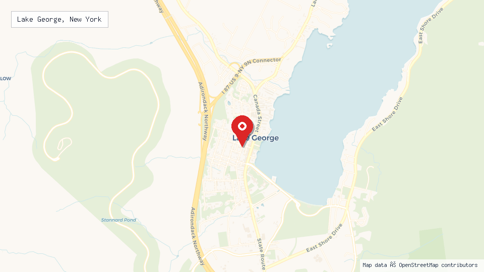 Street map of Lake George, New York with location pin