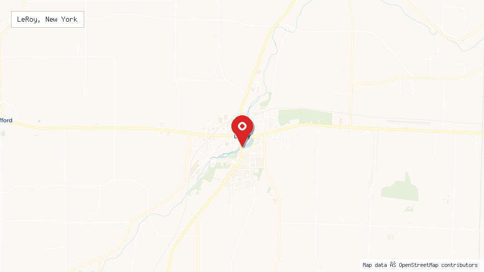 Street map of LeRoy, New York with location pin