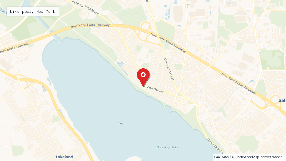 Street map of Liverpool, New York with location pin