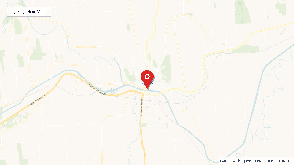 Street map of Lyons, New York with location pin