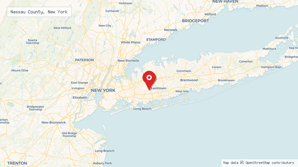 Street map of Nassau County, New York with location pin