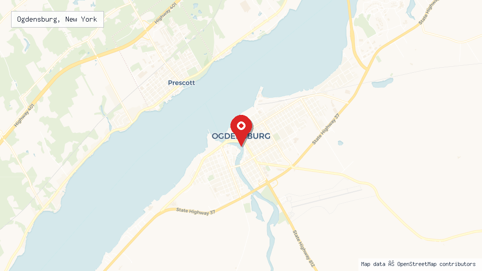 Street map of Ogdensburg, New York with location pin