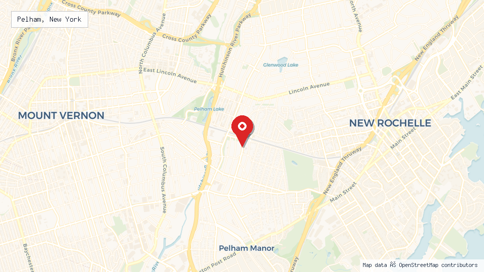 Street map of Pelham, New York with location pin