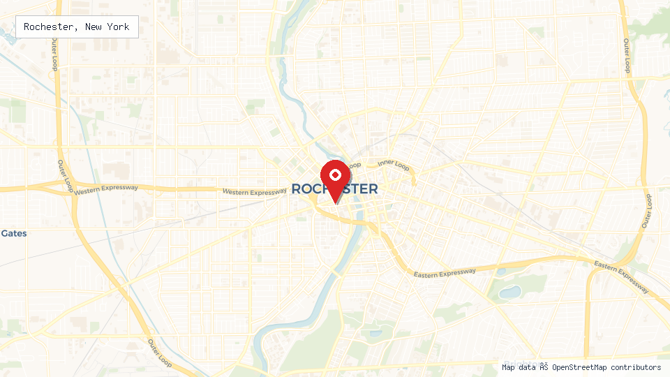 Street map of Rochester, New York with location pin