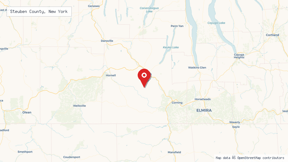 Street map of Steuben County, New York with location pin