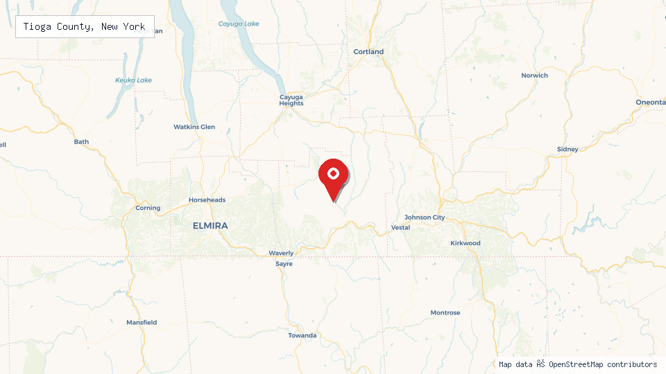 Street map of Tioga County, New York with location pin