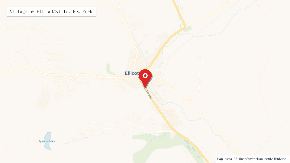 Street map of Village of Ellicottville, New York with location pin