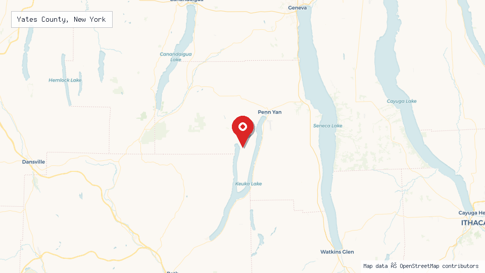 Street map of Yates County, New York with location pin